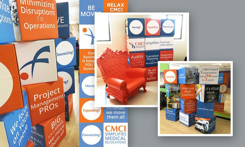 Cubes for an easy-to-change, dynamic booth property with a custom message or image on each side of all 12 cube walls designed by Tell Your Tale Marketing & Design for Corporate Move Consulting, Inc. (CMCI) in Houston, TX