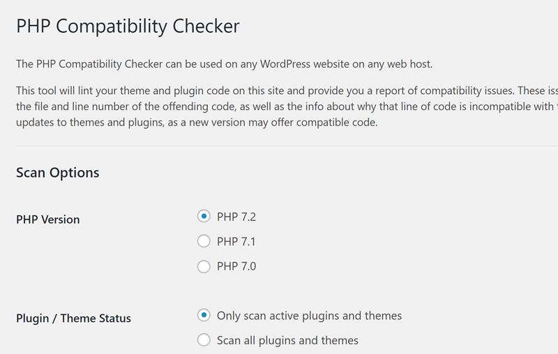 PHP Compatibility Checker plugin options page