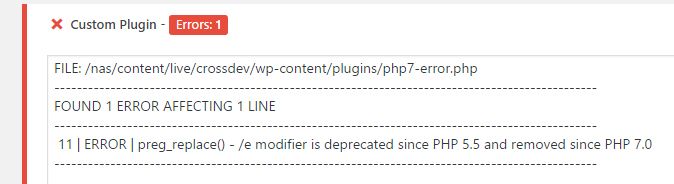 PHP Compatibility Checker plugin error details
