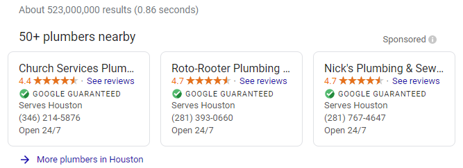 Search results for Plumbers near me on a desktop computer