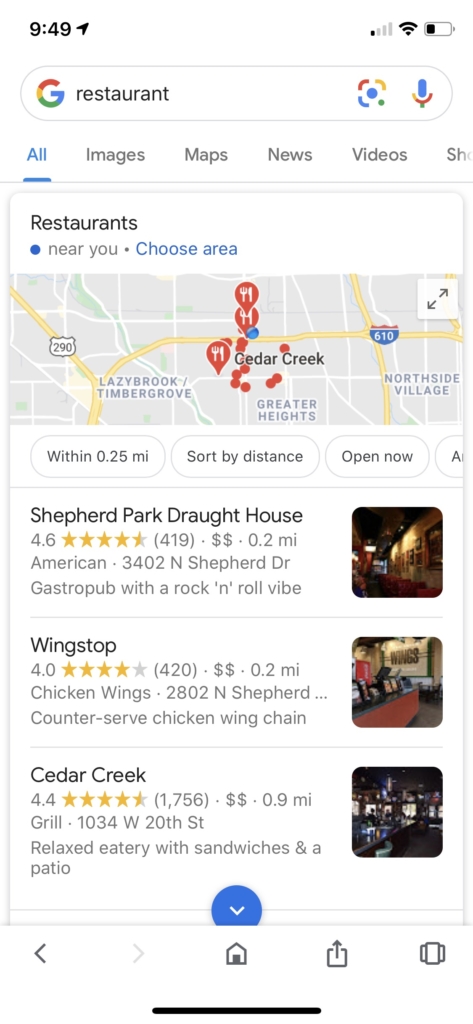 Searching for a restaurant near me on a mobile phone