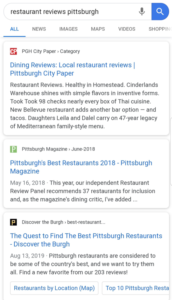 An online search for "restaurant reviews pittsburgh" shows three local sources.