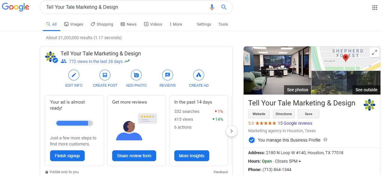 Tell Your Tale Marketing's Google My Business listing