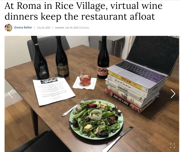 Houston Chronicle covers virtual class at Roma in Rice Village