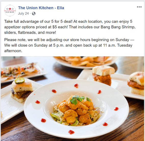 The Union Kitchen's promotion for $5 appetizers